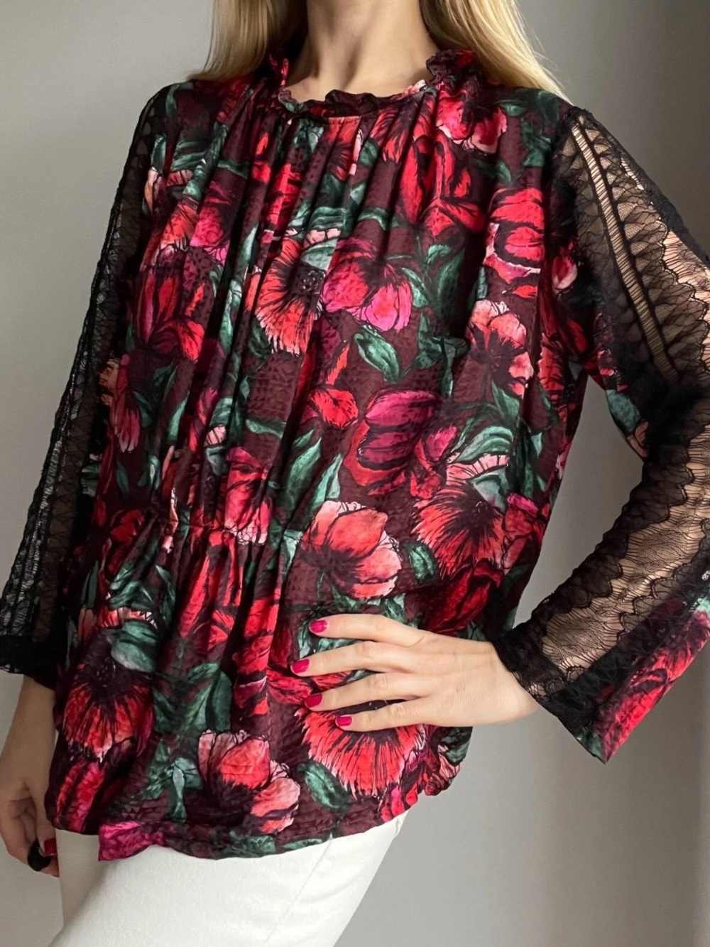 Sandro Paris Floral Print Blouse Lace Sleeves